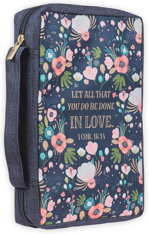 Christian Art Gifts Bible Cover - All That You Do 1 Corinthians 16:14 | Navy Floral Canvas, Medium