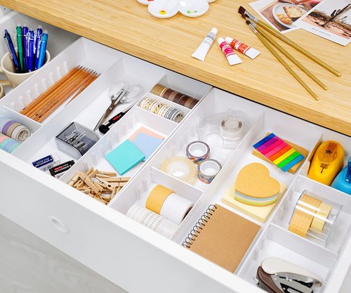 CAXXA 3 Slot Drawer Organizer with 4 Adjustable Dividers - 7 Compartments Junk Drawer Storage for Makeup & Vanity, Office Desk Supplies and Accessories,WHITE (2 pack)