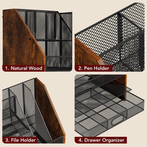Homsorout Wooden Desk Organizer - Mesh File Organizer with Drawers and Pen Holder - 4-Tier Vertical Paper Letter Storage Tray, Desktop Organizers and Accessories for Home Office