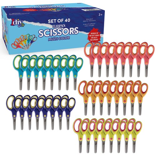 Idiy Kid's Scissors Class Value Pack (40pc) - 5" Soft Grip Blunt Tip Safety Easy Cut Scissors- Elementary School Projects, Back to School, Classroom Arts & Crafts Supplies for Children, Teachers