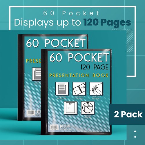 Better Office Products 60 Pocket Bound Black Presentation Book, with Clear View Front Cover, 120 Sheet Protector Pages, 8.5" x 11" Sheets, Art Portfolio, Durable Poly Covers, Letter Size (2 Pack)