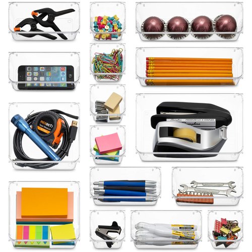 25 PCS Clear Plastic Drawer Organizers Set, 4-Size Versatile Bathroom and Vanity Drawer Organizer Trays, Storage Bins for Makeup, Bedroom, Kitchen Gadgets Utensils and Office Accessories