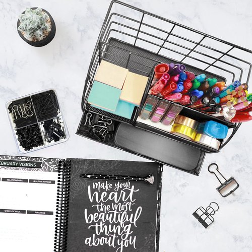 OFFICE ALMIGHTY Black Desk Organizer for Men: Exclusive Large 7 in 1 Mesh Shiny Metal Supplies Organizer with Pen Holders, Folder Holder & Accessories Drawer + BONUS 171 Clips Set w/a Plastic Box