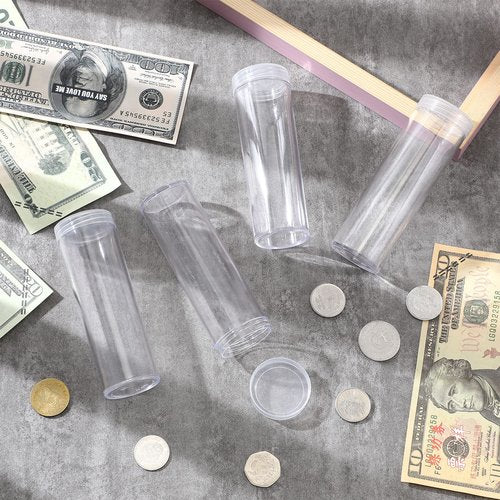Roowest 30 Pieces Coin Storage Tube Penny Coin Tube Plastic Round Clear Penny Holder Container Organizer with Screw on Lid for Collection Supplies Bank Rolls