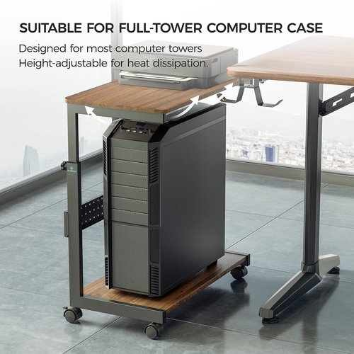 EUREKA ERGONOMIC PC Stand Computer Cart, Height Adjustable Tower Stand 2-Tier Suit for ATX Case Printer, Metal Rolling Cart on Wheels for Gaming Home Office, Walnut
