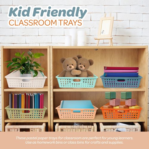 4E's Novelty 6 Pack Classroom Paper Baskets, Organizing Desk Boho Tray for A4 Papers, Classroom Storage Plastic Paper Bins, Fun Turn In Trays for Teachers and Students, Office Desk Room Trays