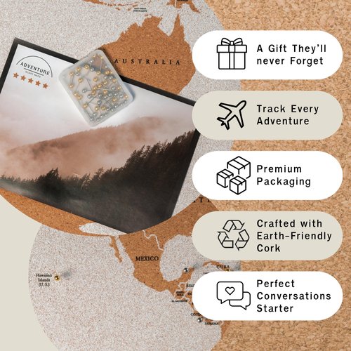 AdventureScape Push Pin Travel Map - Large 30" x 20" World Map Pin Board with Premium Push Pins Made from Framed Cork Board - Unique Custom Gift Idea for Travelers, Partner, Young Adults, and Parents