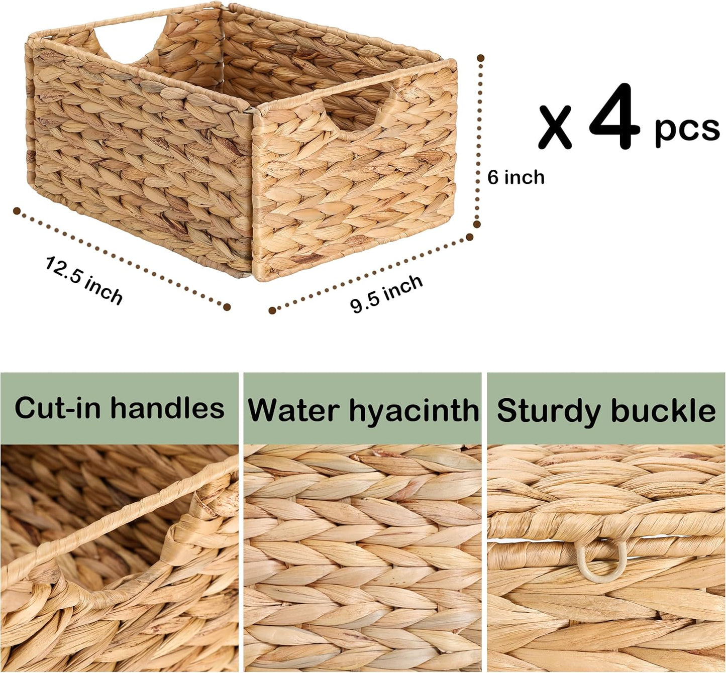 Water Hyacinth Pantry Baskets - Set of 4 Wicker Storage Baskets for Organized Shelves | 12.5 x 9.5 x 6 in