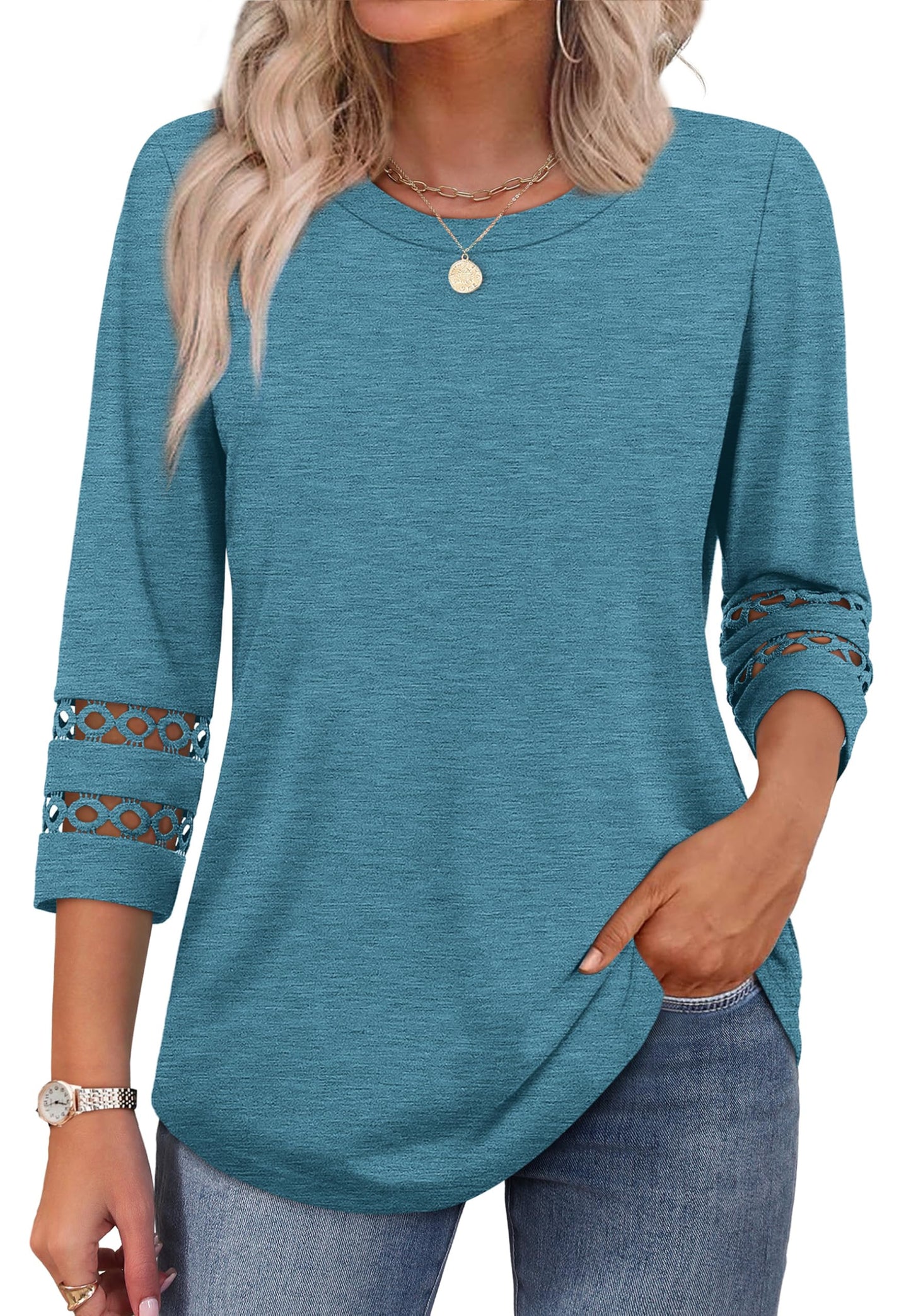 Oversized Tshirts for Women 3/4 Sleeve Blouses for Women Dressy Casual Work Shirts Fashing Clothes Turquoise 3XL