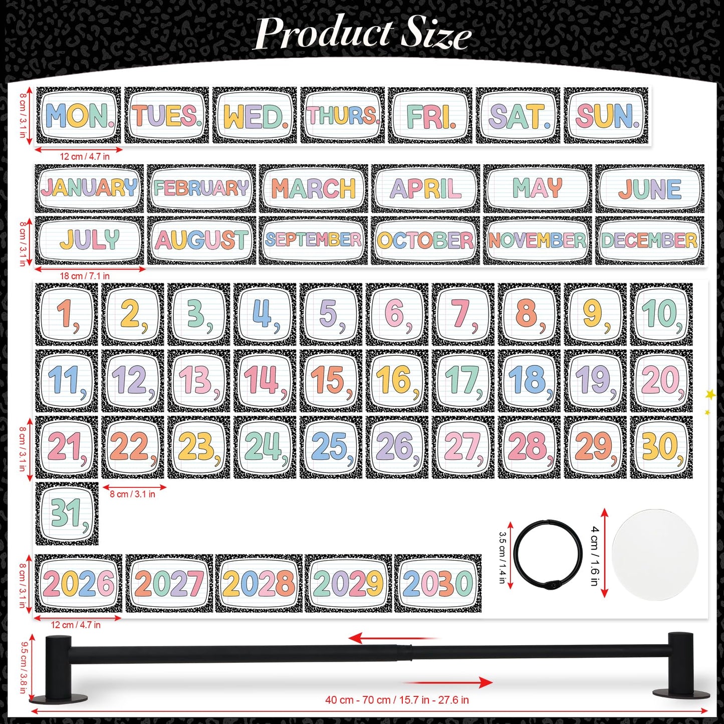 Magnetic Calendar Bulletin Board Set Flip Calendar with Magnetic Adjustable Holder Composition Classroom Decoration with 60 Date Cards for School Home Office Decor Supplies 2026 (Composition Notebook)