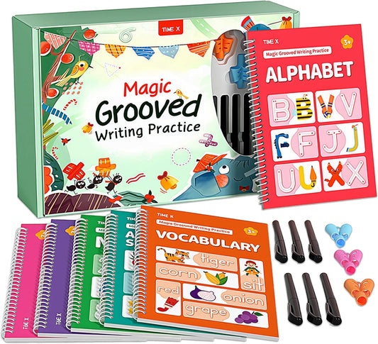 TIME X Magic Grooved Writing Practice Books - Reusable 3D Handwriting Workbooks for Kids Ages 3-8 | Large Size with Disappearing Ink