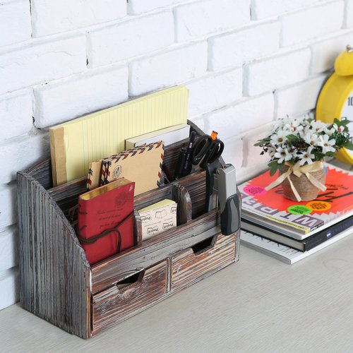 MyGift Torched Wood Desktop Organizer - Includes 6 Compartments and 2 Pullout Drawers to Organize Office Supplies and Accessories