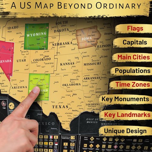 OVANTO Scratch Off World Map - 17x24” USA Map Wall Art with 196 Flags & Gold Foil | Perfect Gift for Travelers