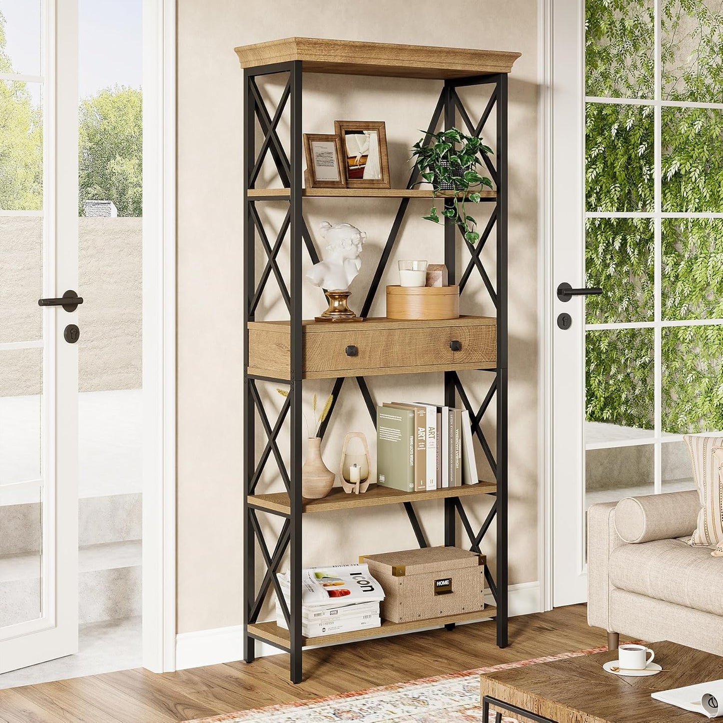 Tribesigns Industrial Bookshelf - 70.9" Tall Bookcase with Drawers & Open Shelves | Rustic Brown Finish