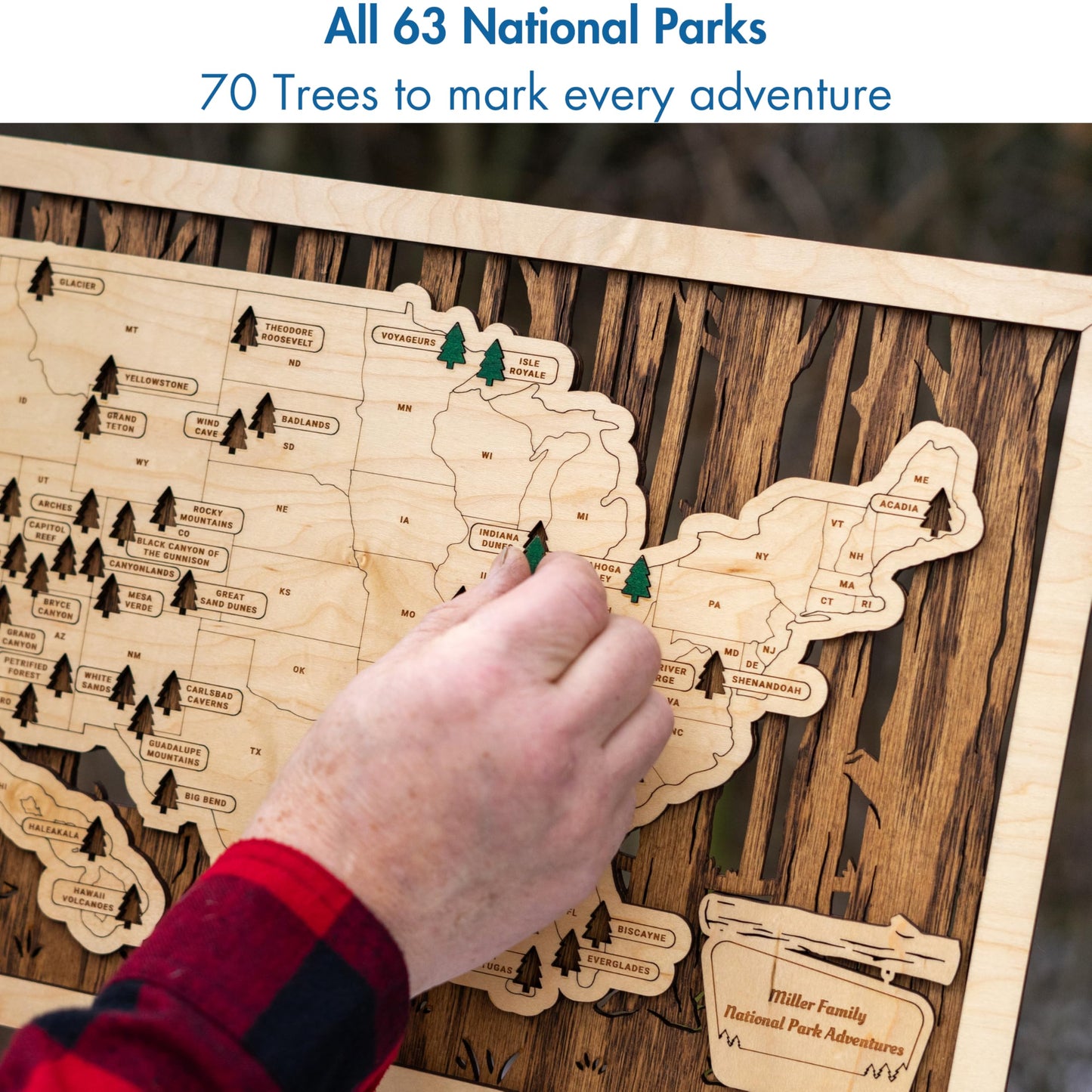 Wooden National Park Map with Push Pin Travel Tracker - All 63 Parks Checklist – Handcrafted in USA - Gift for Hikers, Couples & Families – Bucket List Wall Art Decor