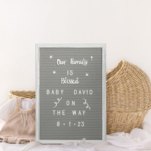 HBCY Creations 12"x17" Felt Letter Board - Solid Wood Frame - White Wash - Gray Felt - 389 PP Letters Including Numbers, Symbols, Icons - Canvas Carrying Case