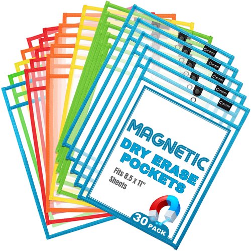 Magnetic Dry Erase Pockets by Two Point (30-Pack) - 10 x 14 in - Portrait Clear Dry Erase Pocket Sleeves, Job Shop Ticket Holders, Clear Paper Sleeves Protectors, Magnetic Pouch