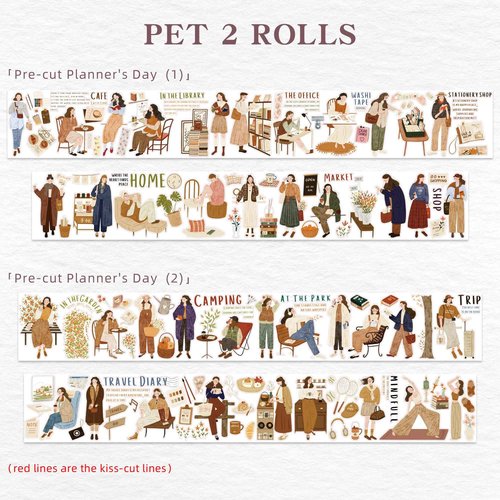 WT Pre-Cut Planner’s Day PET Tape Set, 2 Rolls, Original Designs, Waterproof Decorative Masking Tape for Journals, Planners, Scrapbooking, DIY Paper Projects