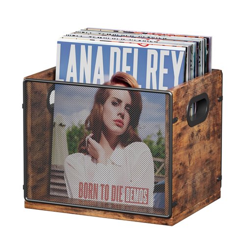 Homeiju Wooden & Metal Record Crate - Vinyl Album Holder & Organizer, Holds Up to 60 Records
