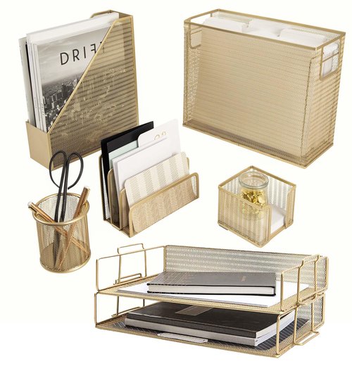 Blu Monaco Desk Accessories Gold - 7 Piece Set for Office Organization with Hanging File Holder Women Organizer Boho Décor