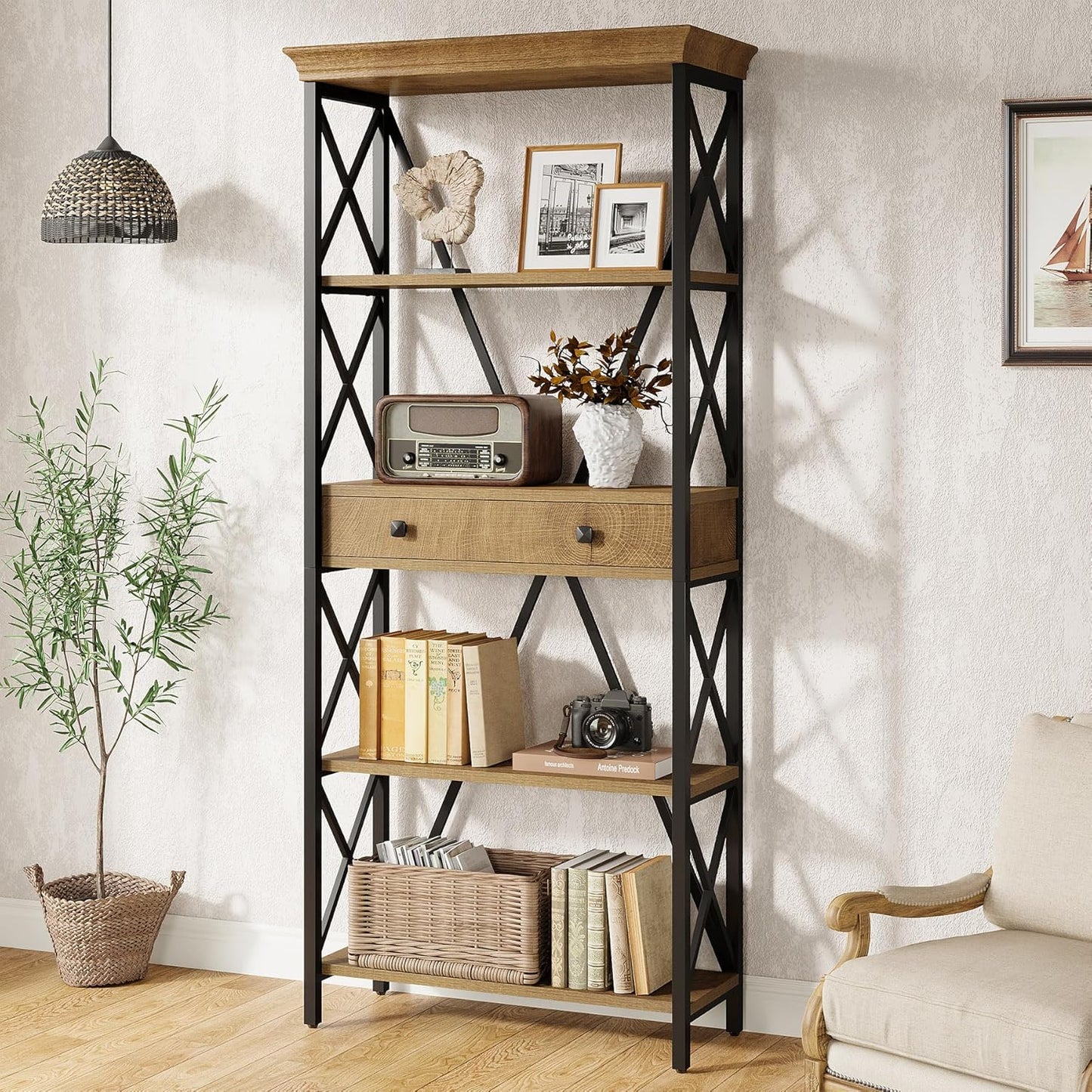 Tribesigns Industrial Bookshelf - 70.9" Tall Bookcase with Drawers & Open Shelves | Rustic Brown Finish