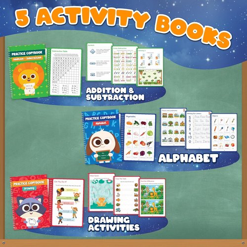 Magic Grooved Writing Practice Set for Kids - 5 Erasable Books for Alphabet, Drawing & Math | Includes 2 Magic Pens & 10 Refills