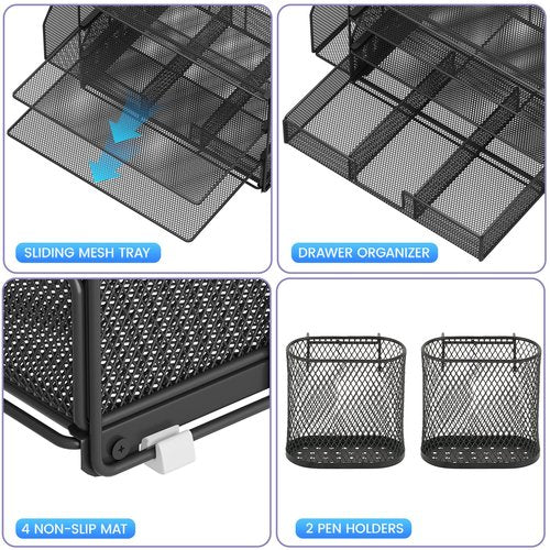 OPNICE Desk Organizers and Accessories, 5-Tier Paper File Organizer with Drawer & Pen Holder, Office Desk Accessories Workspace Desktop Organizer for Office Supplies(Black)