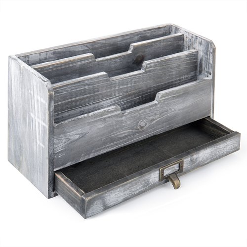 MyGift 3 Slot Rustic Dark Gray Wood Office Desk File Organizer Holder, Desktop Mail Letter Sorter Tray Document Holder with Pull-Out Storage Drawer