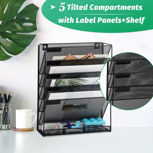 EASEPRES Desk File Organizer Mesh 6-Tier, Hanging Wall Mount Document Organization Stand, Desktop Vertical Mail Paper Folder Holder Rack with Bottom Tray for Office Home Cubicle Countertop, Black
