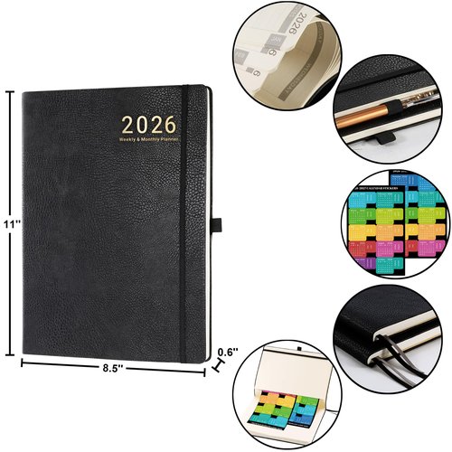 Artfan 2026 Planner - JAN 2026 - DEC 2026, 2026 Planner Weekly and Monthly, Calendar Planner, Leather Cover Planner with Pen Holder, Thick Paper, Notes Pages - Black (8.5" x 11", Back Pocket)