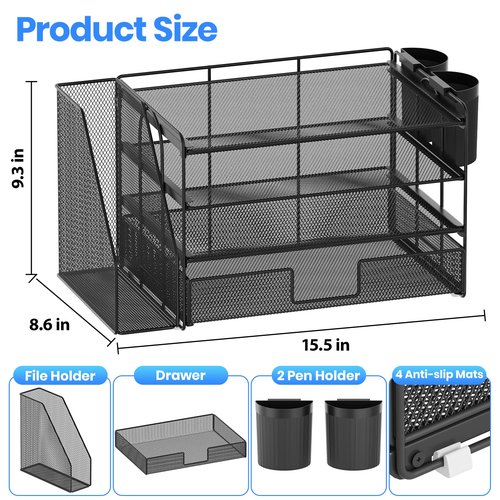 OPNICE Desk Organizer and Accessories, 4-Tier Desktop File Organizer with Drawer and 2 Pen Holders, Office Desk Accessories for Office Supplies(Black)