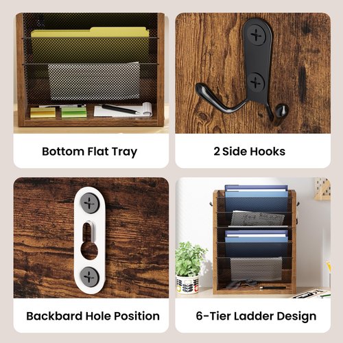 Creso hom Hanging Wall File Organizer, 6 Tier Wood Wall File Holder with 2 Hooks, Mail Organizer Wall Mounted with Bottom Flat Tray, Vertical Paper Desk Storage for Office, Home, Rustic Brown