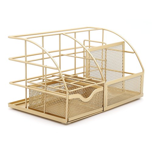 Exerz Desk Organizer Golden Office Desk Accessories Supplies Office Storage Desktop Pencil Pen Holder with Drawer Home Workspace