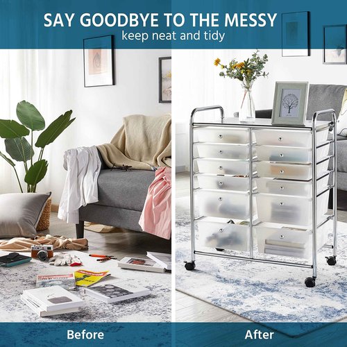 Yaheetech 12 Drawers Rolling Storage Cart Multipurpose Movable Organizer Cart Storage Bin Trolley Tools Scrapbook Paper Organizer on Wheels, White