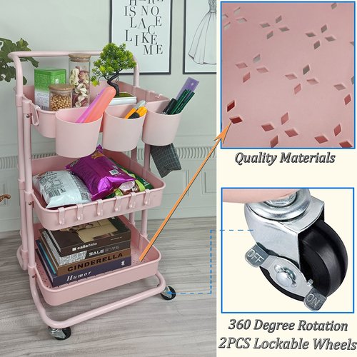 Freletry 3 Tier Utility Rolling Cart Storage Organizer Shelf Rack with 3PCS Hanging Cups + 8PCS Hooks + 2PCS Storage Box for Home Office Kitchen Bathroom (Pink 3 Cup+8 Hook+2 Storage Box)