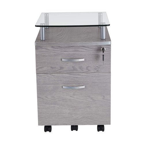 2-Drawer Rolling File Cabinet with Lock and Glass Top, Under Desk File Cabinet with Wheels, Printer Stand, Grey