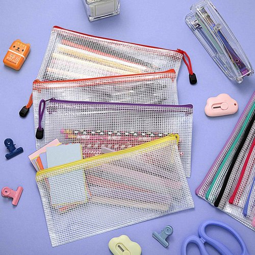 Bokon 200 Pcs 9.45 x 4.5'' Mesh Zipper Pouch Bulk 10 Colors Pencil Pouch Bulk Waterproof Clear File Bags Plastic Pencil Bags for School Travel Cosmetics Office Organizer