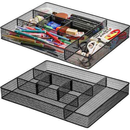 Hiceeden 2 Pack Mesh Desk Drawer Organizer, 16.1"x12.2"x2" Large Desk Organizer Tray with 2 Removable Dividers, 6 Compartment Metal Organizers for Home, Office, Makeup & Vanity