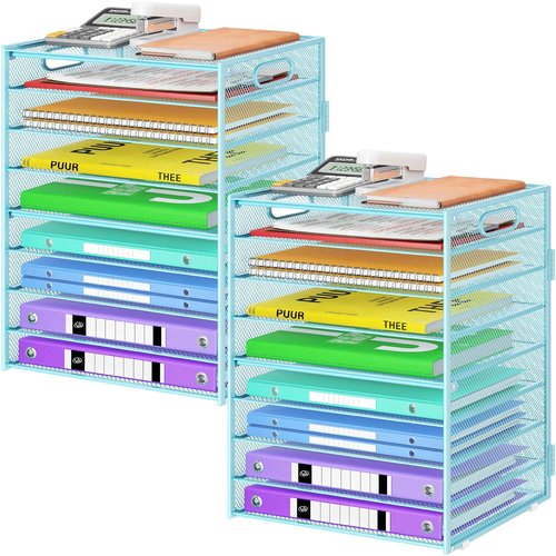 Cawukege 9 Tier Paper Organizer with Handle, Large Capacity Desk Organizer Mesh Paper Letter Tray File Folder Document Sorter for Classroom and Office Accessories Organization- Blue (2 Pack)