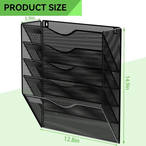 GDINDINFAN 5 Pockets Mesh Hanging Wall File Holder Organizer Wall Mounted Paper Magazine Rack, Black
