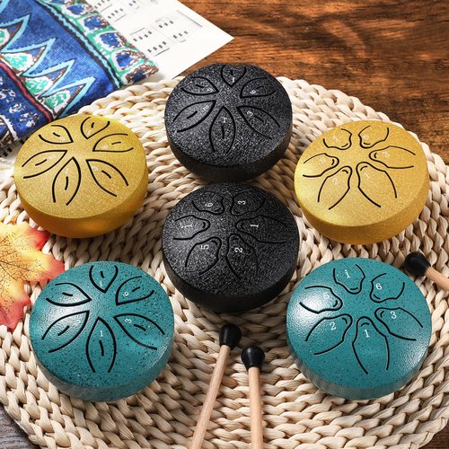 Facmogu 3 Inch 6 Notes Rain Drum for Outside Garden, Steel Tongue Drum Hand Drums with Bag Sticks Music Book, Mini Chakra Drum Musical Education Entertainment Gifts for Kids - Gold (Bowling Pattern)