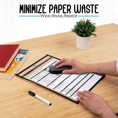 Essex Wares - 100 Pack, Black, Job Ticket Holders, 10" Wide x 13.5" Tall - Clear Plastic Shop Ticket Holders - Easy to Use, Reusable & Easy Erase Plastic Invoice Holders, Water-Resistant & Durable