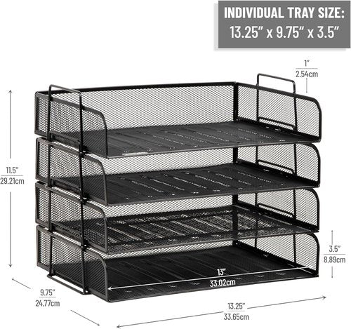 Mind Reader Stackable Paper Tray - Metal Mesh Desktop Organizer for Office | 4-Piece Set in Black