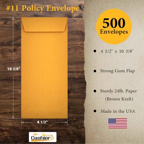 500 Cashier Depot - #11 Open End Policy Envelopes, Brown Kraft, 4.5 x 10.375 Inches, 24 lb Paper, Gum Flap Closure, Business Document Organization (500)