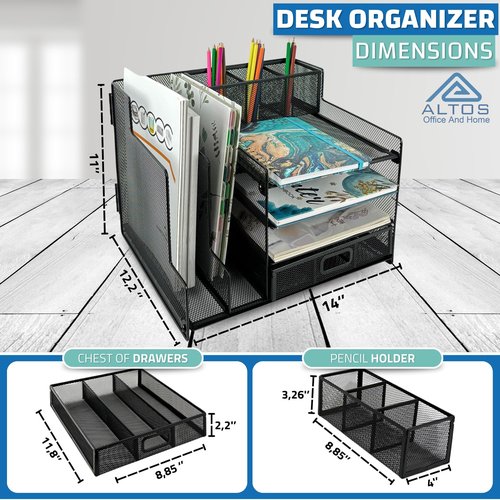 ALTOS OFFICE AND HOME Metal Mesh Desk Organizer, 1 Sliding Drawer, 4 Horizontal Trays and 2 Vertical Sections, with 3 Spaces for Pencils and Accessories Black, Reinforced Edges, Electrostatic Paint