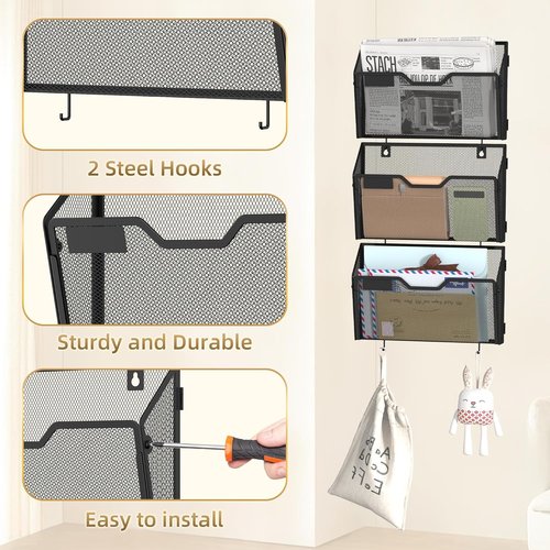 Docnest Wall File Holders - 6 Pack Mesh Document Organizers with Hooks for Office & Home - Black
