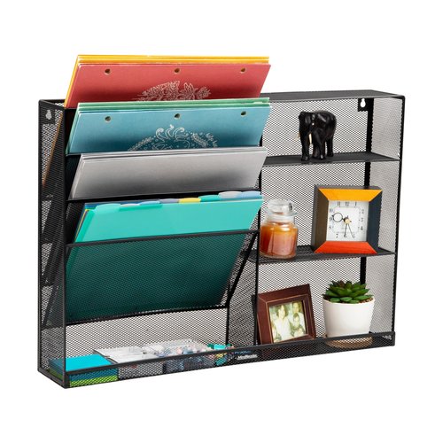 Mind Reader 4-Tier Vertical File Storage and Shelves, Desktop Organizer, Wall Mount, Office, Metal Mesh, 22.5" L x 4" W x 16" H, Black