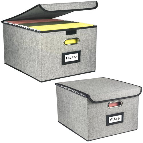 Desihum Collapsible File Organizer Box, filing Storage boxes for hanging files with lid, Linen Portable file folder box with handle, Decorative Document Storage Bins for Office/Home/School (Grey)