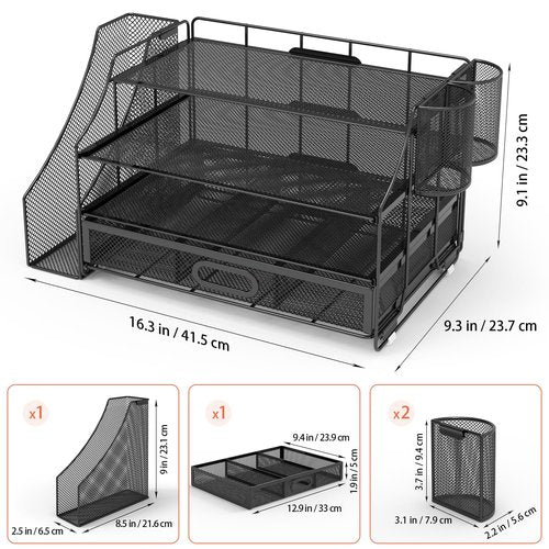 Turfson Desk Organizer with Drawer, Office Desktop File Paper Holder Organization 4-Tier Office Supplies Storage For Document Magazine 2 Pen Pencil Holder Caddy Rack For School Workspace