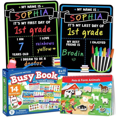 First Day of School Sign for Kids and Montessori Busy Book for Toddlers - Back to School Supplies